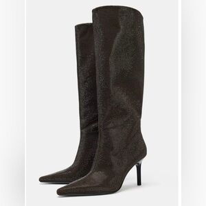 Zara Sparkly Brown Knee High Heeled Boots
